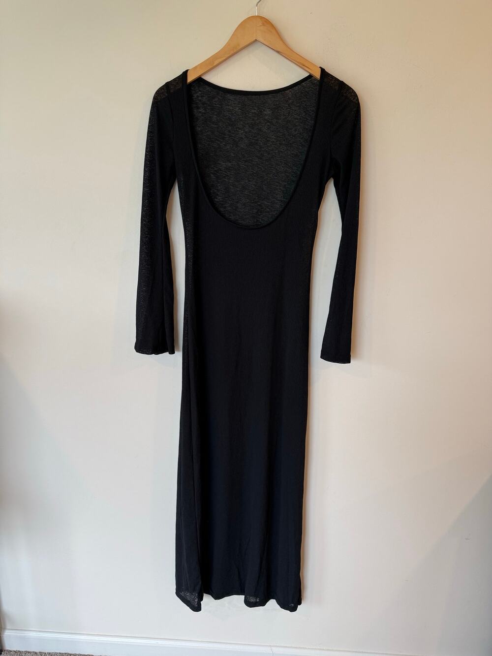 Lounge Bodycon Maxi Dress Women's Large Black Ribbed Long Sleeve Scoop Neck Goth